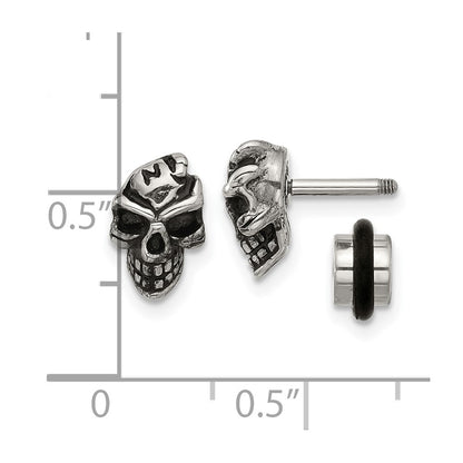 Chisel Stainless Steel Antiqued and Polished Skull Post Earrings