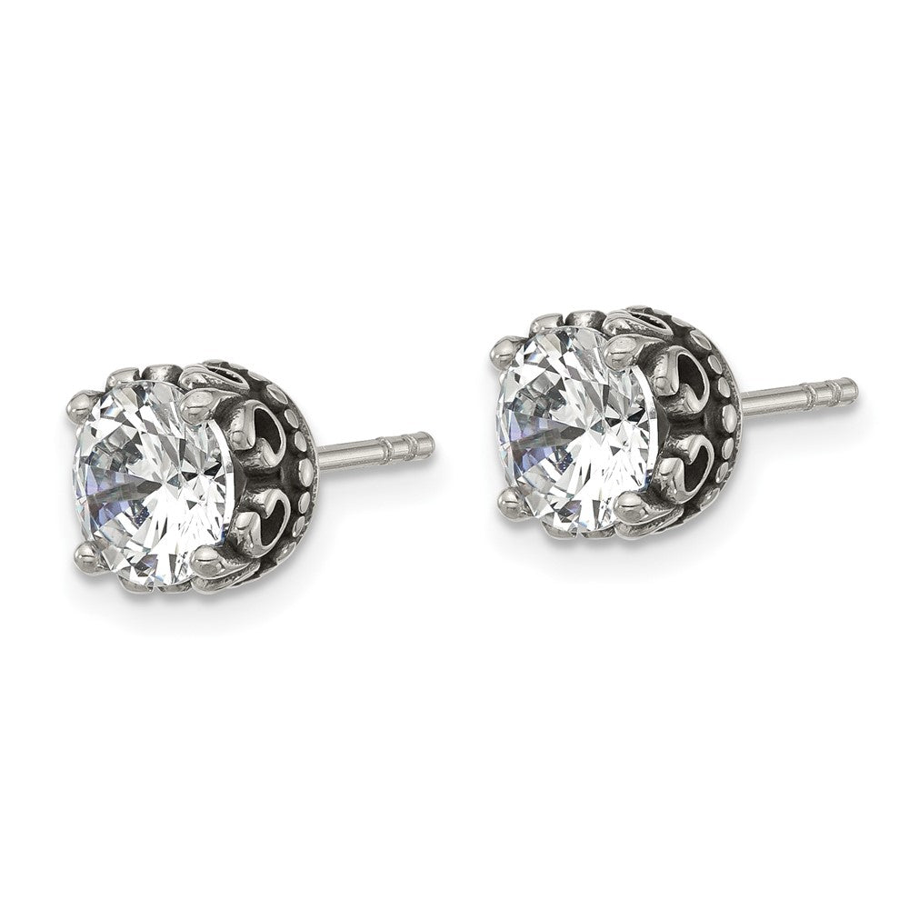Chisel Stainless Steel Antiqued and Polished CZ Post Earrings