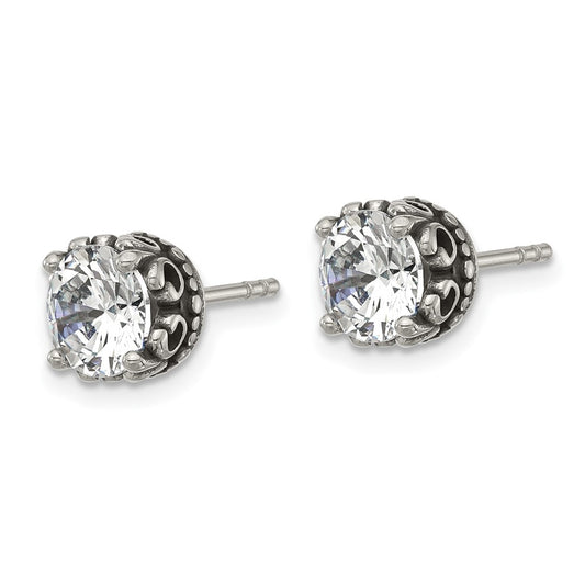 Chisel Stainless Steel Antiqued and Polished CZ Post Earrings