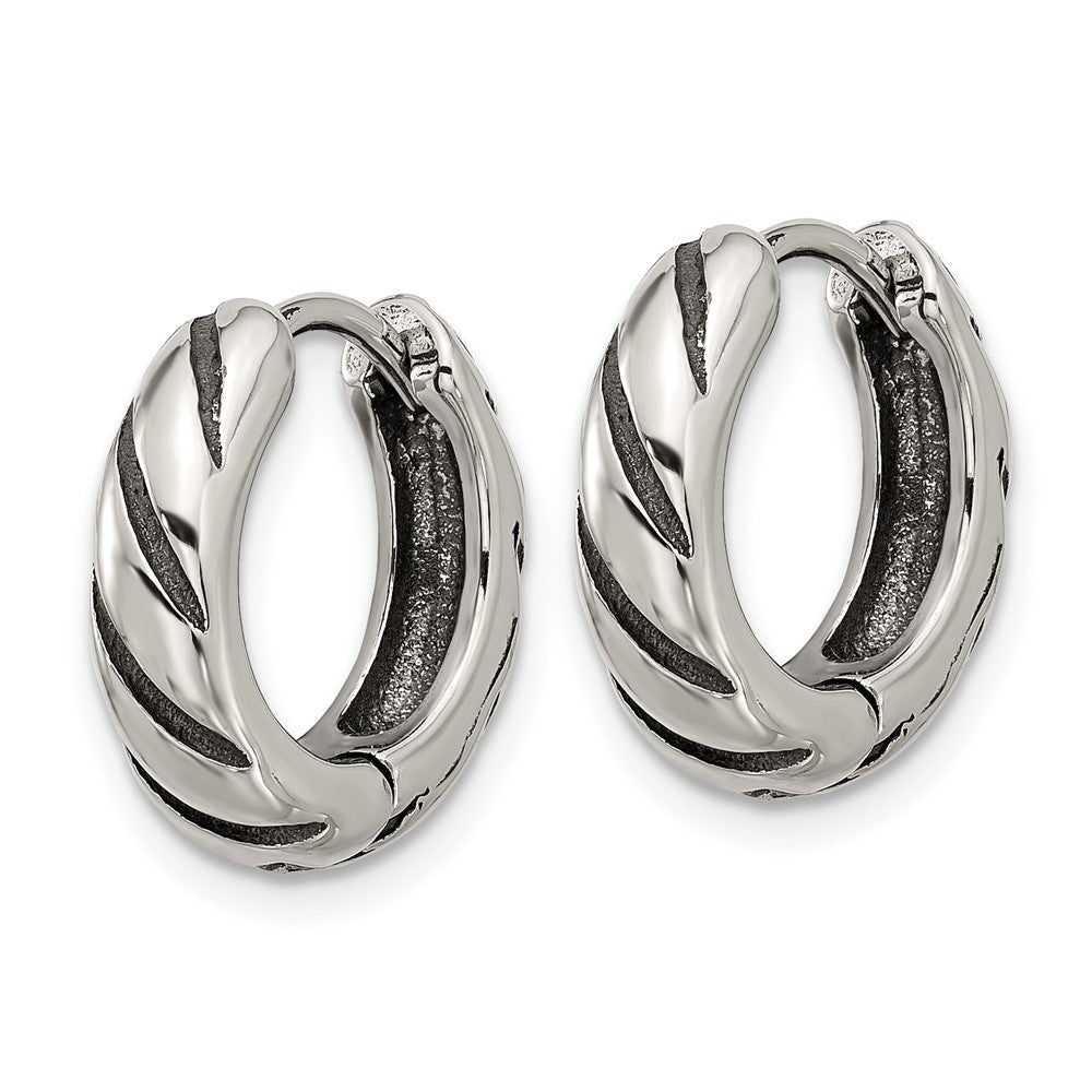Chisel Stainless Steel Antiqued and Polished Hinged Hoop Earrings