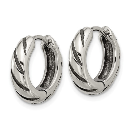 Chisel Stainless Steel Antiqued and Polished Hinged Hoop Earrings