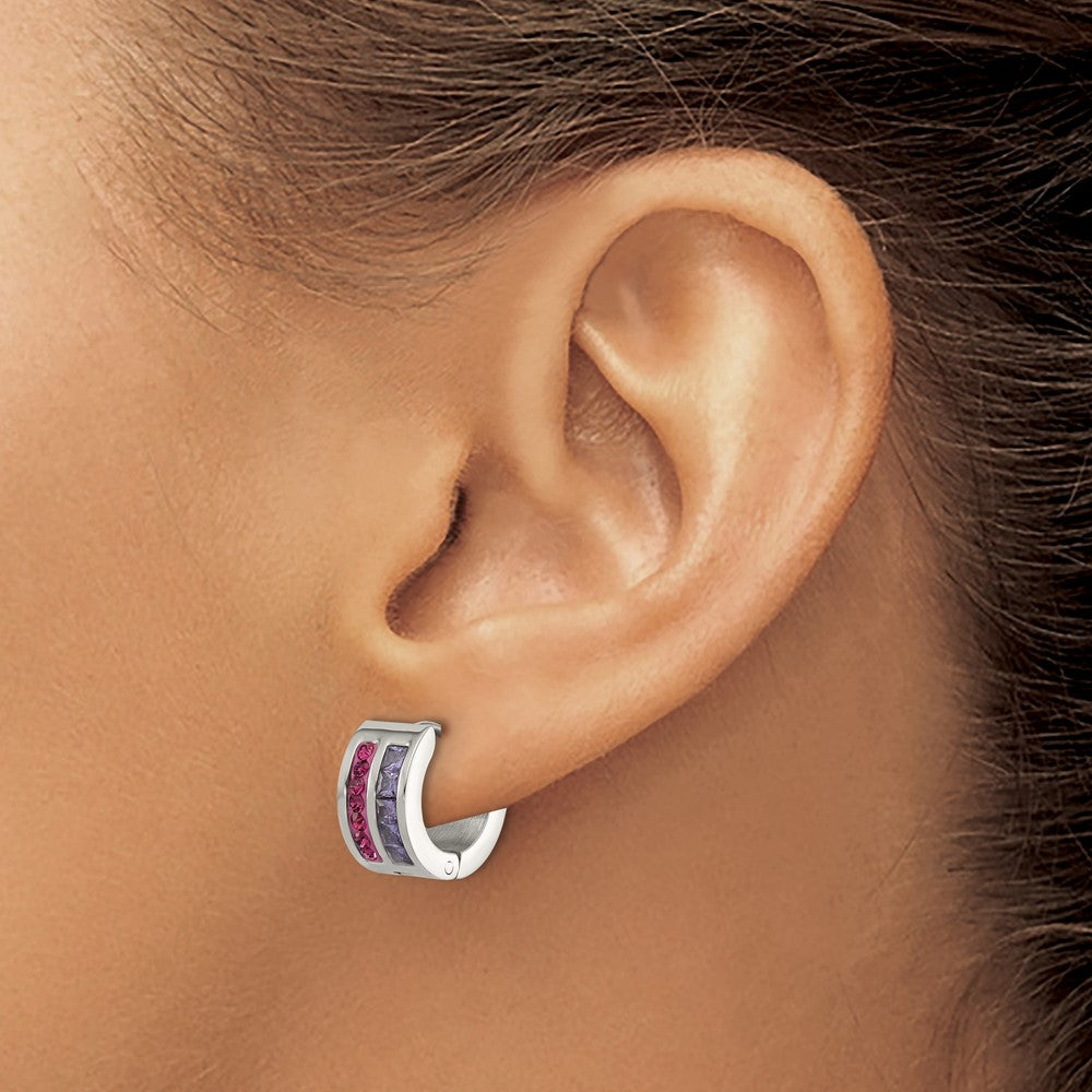 Chisel Stainless Steel Polished Preciosa Amethyst and Tanzanite Hoop Earrings