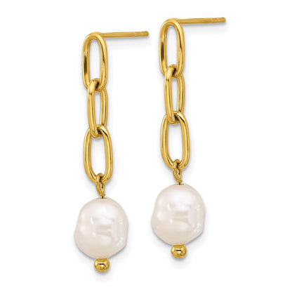 Chisel Stainless Steel Polished Yellow IP-plated Open Chain with Freshwater Cultured Pearl Post Dangle Earrings