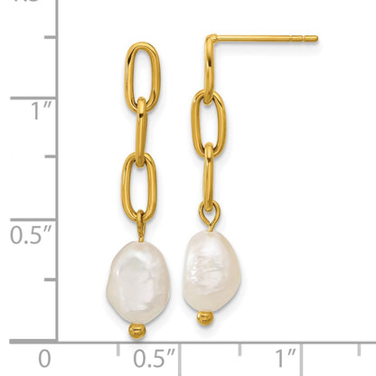 Chisel Stainless Steel Polished Yellow IP-plated Open Chain with Freshwater Cultured Pearl Post Dangle Earrings