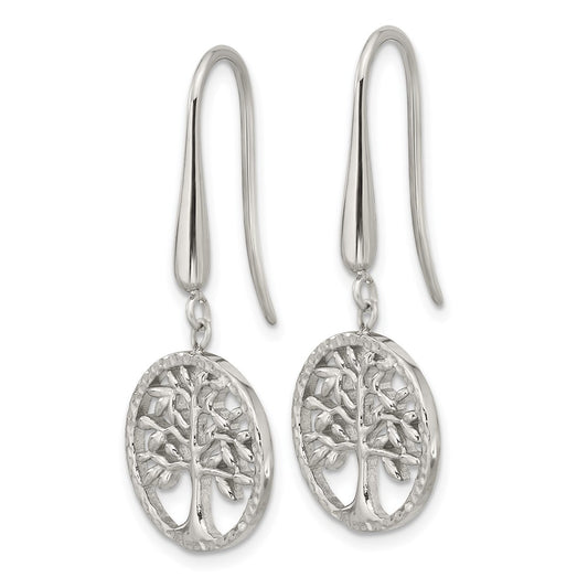 Chisel Stainless Steel Polished and Textured Tree Dangle Shepherd Hook Earrings