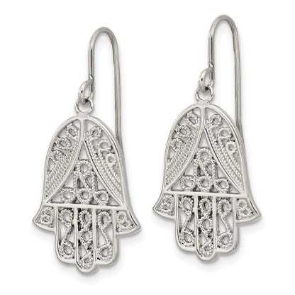 Chisel Stainless Steel Polished and Textured Hamsa Dangle Shepherd Hook Earrings