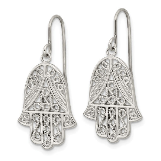 Chisel Stainless Steel Polished and Textured Hamsa Dangle Shepherd Hook Earrings
