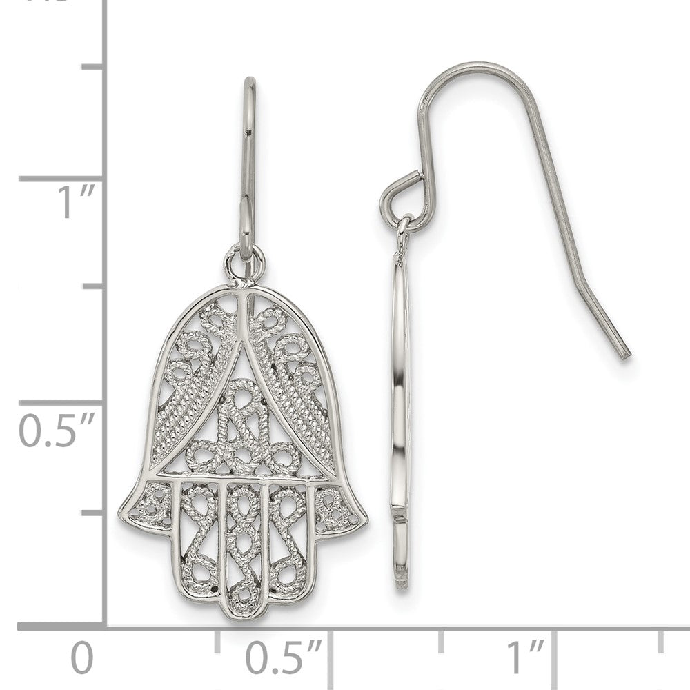 Chisel Stainless Steel Polished and Textured Hamsa Dangle Shepherd Hook Earrings