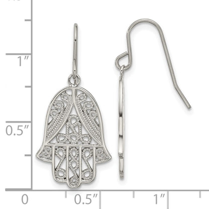 Chisel Stainless Steel Polished and Textured Hamsa Dangle Shepherd Hook Earrings