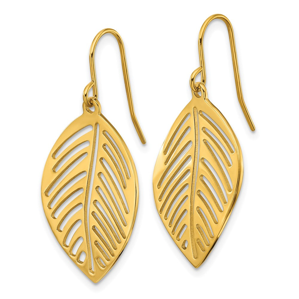 Chisel Stainless Steel Polished Yellow IP-plated Leaf Dangle Shepherd Hook Earrings