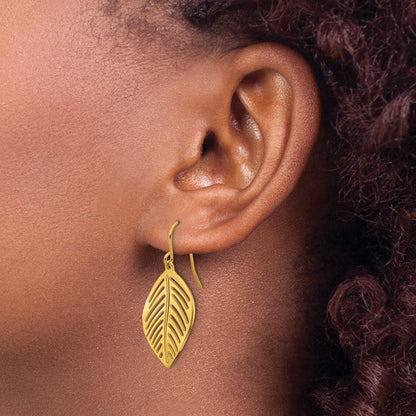 Chisel Stainless Steel Polished Yellow IP-plated Leaf Dangle Shepherd Hook Earrings