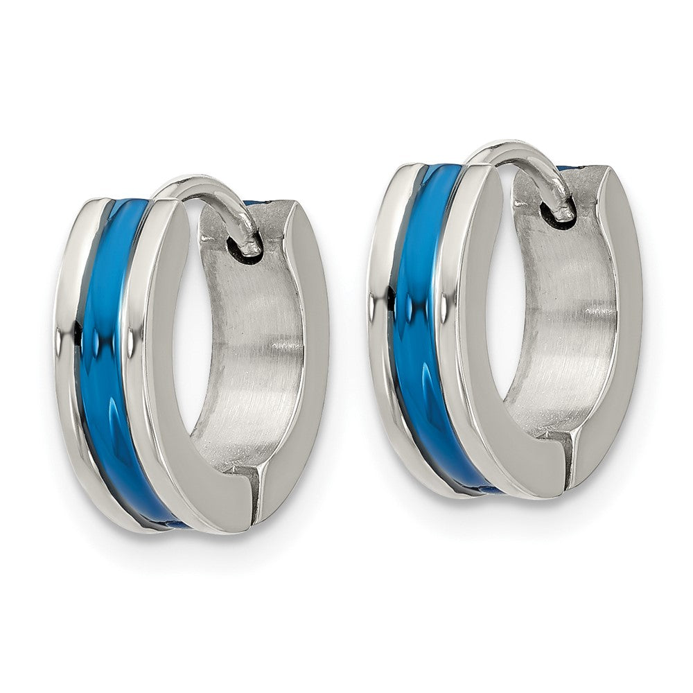 Stainless Steel Polished Blue IP-plated Center 4mm Hoop Earrings