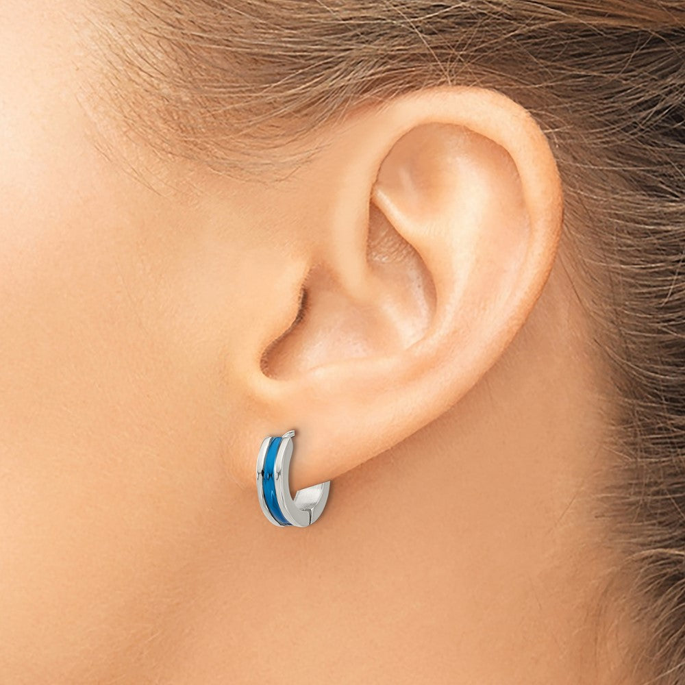 Stainless Steel Polished Blue IP-plated Center 4mm Hoop Earrings