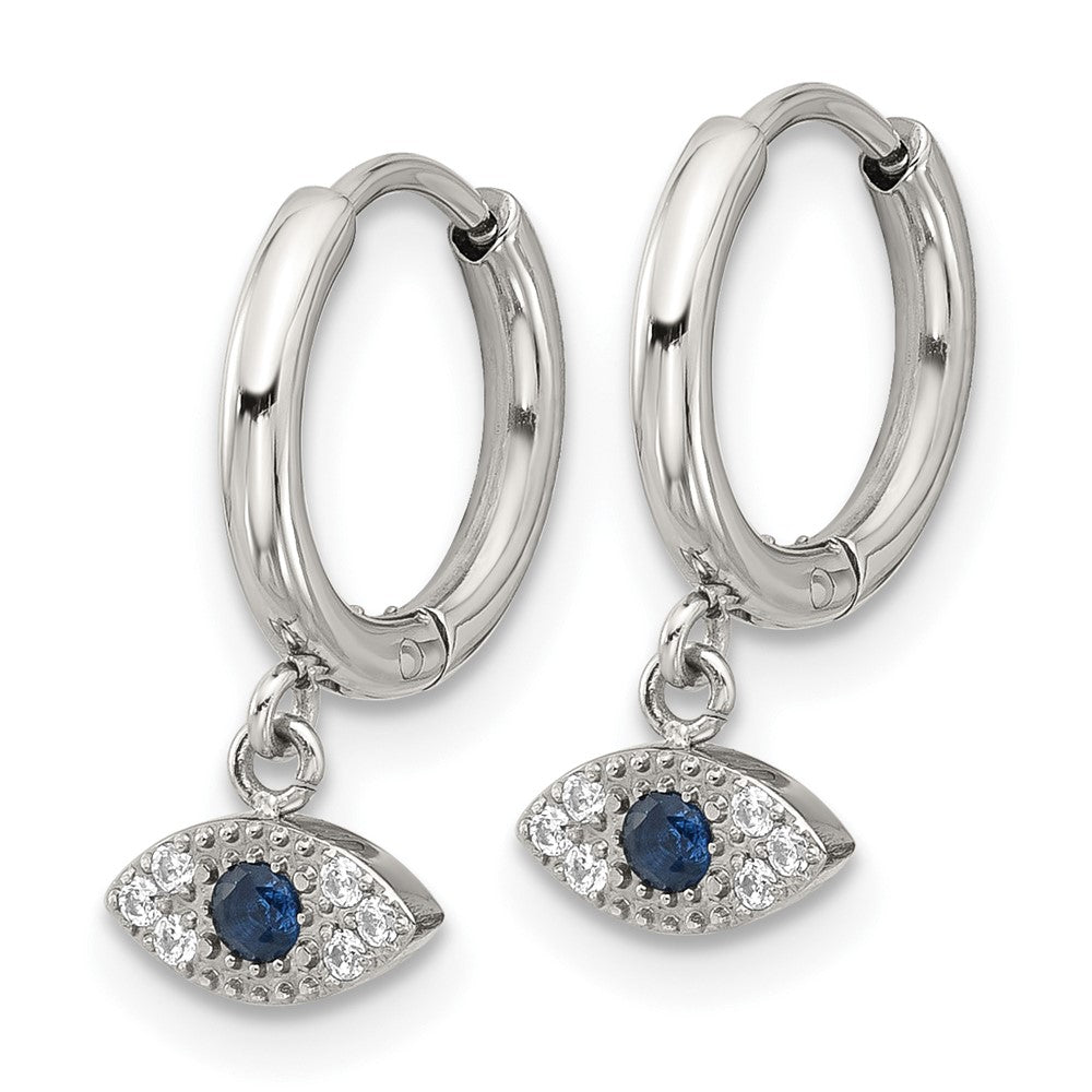 Chisel Stainless Steel Polished Blue and White Zircon Evil Eye Dangle Hinged Hoop Earrings