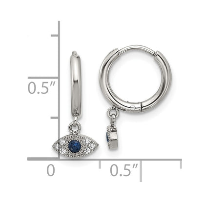 Chisel Stainless Steel Polished Blue and White Zircon Evil Eye Dangle Hinged Hoop Earrings