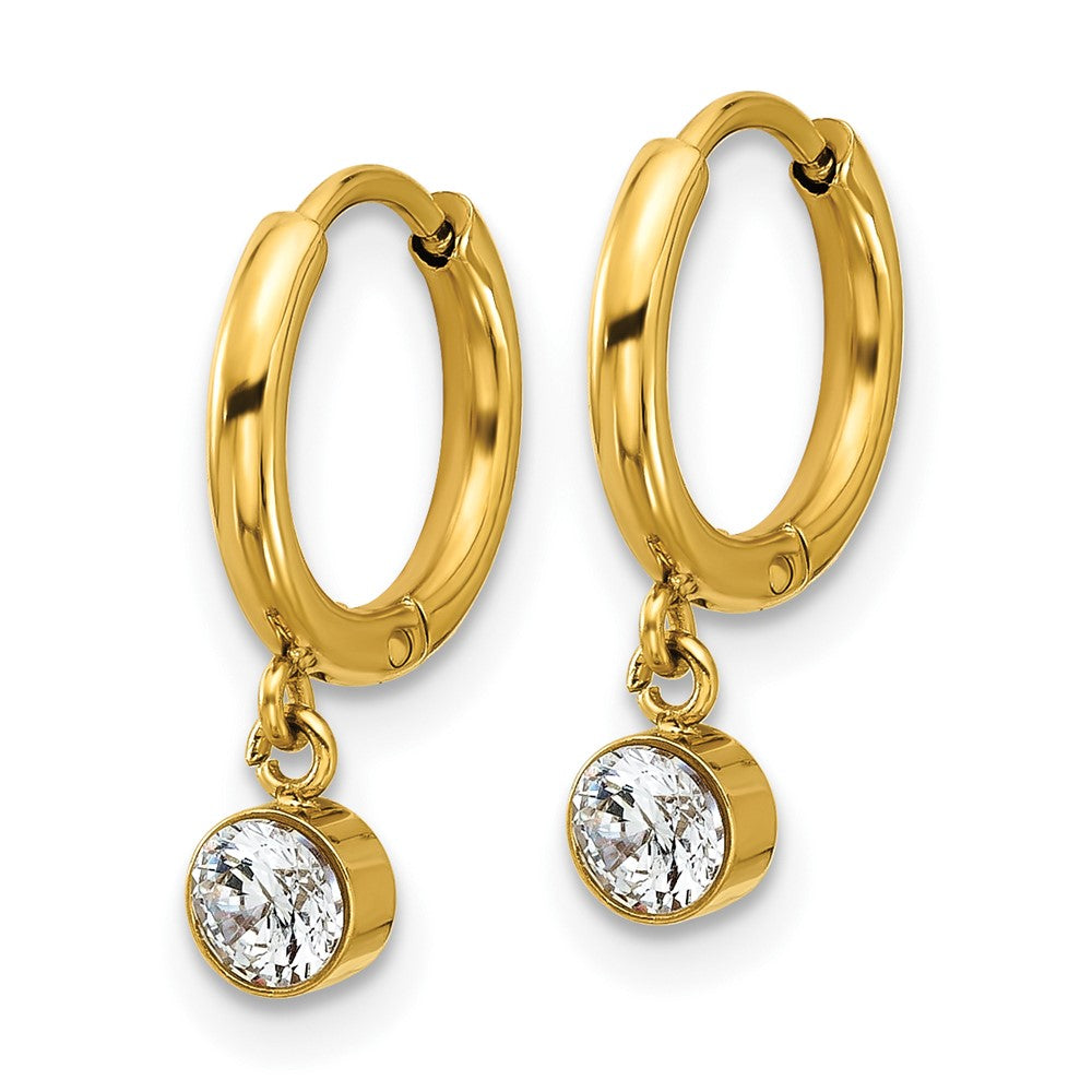 Chisel Stainless Steel Polished Yellow IP-plated White Zircon Dangle Hinged Hoop Earrings