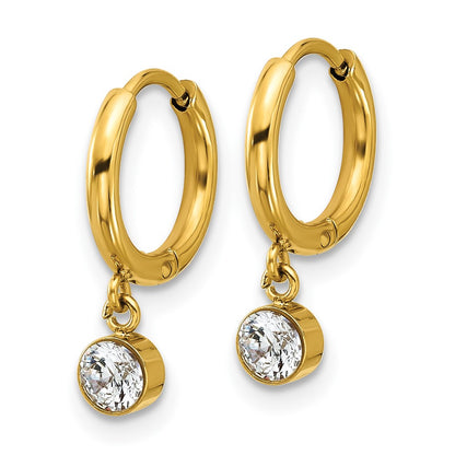 Chisel Stainless Steel Polished Yellow IP-plated White Zircon Dangle Hinged Hoop Earrings