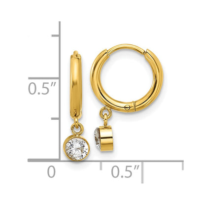 Chisel Stainless Steel Polished Yellow IP-plated White Zircon Dangle Hinged Hoop Earrings