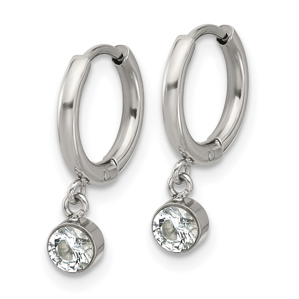 Chisel Stainless Steel Polished White Zircon Dangle Hinged Hoop Earrings