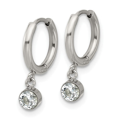 Chisel Stainless Steel Polished White Zircon Dangle Hinged Hoop Earrings