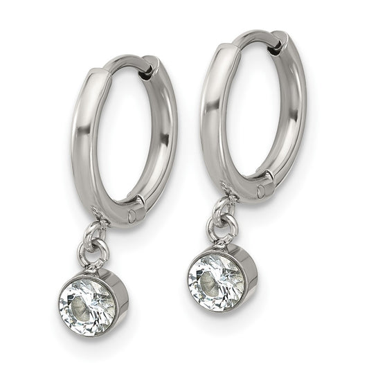 Chisel Stainless Steel Polished White Zircon Dangle Hinged Hoop Earrings