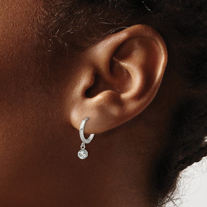 Chisel Stainless Steel Polished White Zircon Dangle Hinged Hoop Earrings