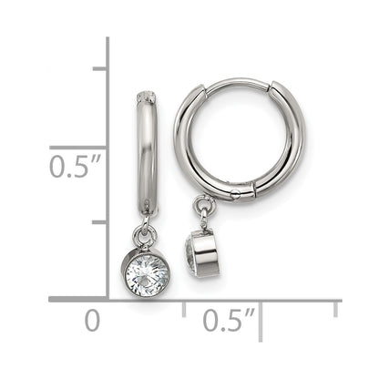 Chisel Stainless Steel Polished White Zircon Dangle Hinged Hoop Earrings