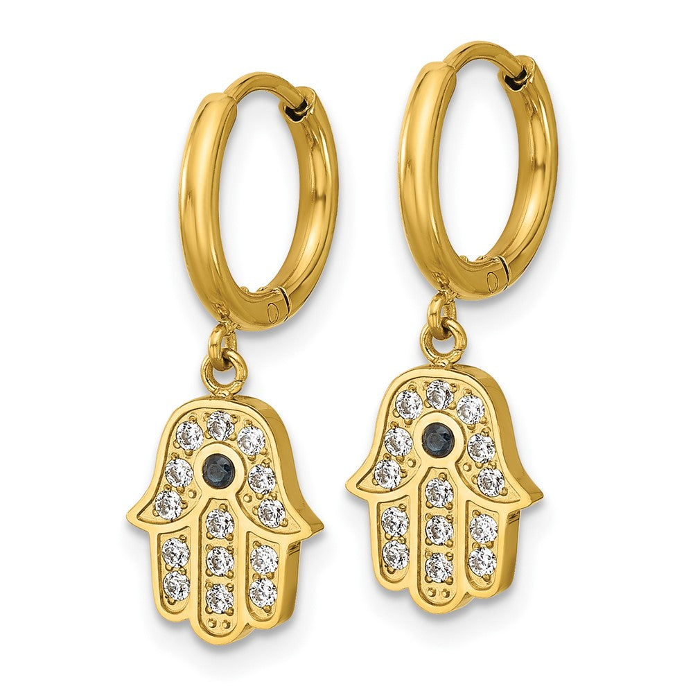 Chisel Stainless Steel Polished Yellow IP-plated Blue and White Zircon Hamsa Dangle Hinged Hoop Earrings