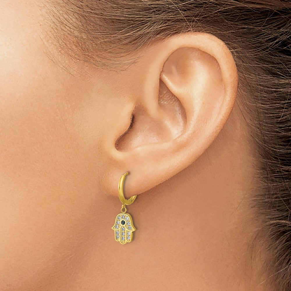Chisel Stainless Steel Polished Yellow IP-plated Blue and White Zircon Hamsa Dangle Hinged Hoop Earrings
