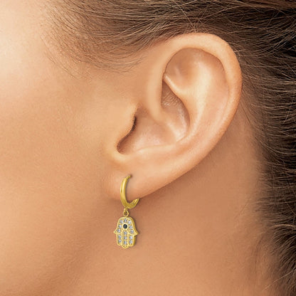 Chisel Stainless Steel Polished Yellow IP-plated Blue and White Zircon Hamsa Dangle Hinged Hoop Earrings