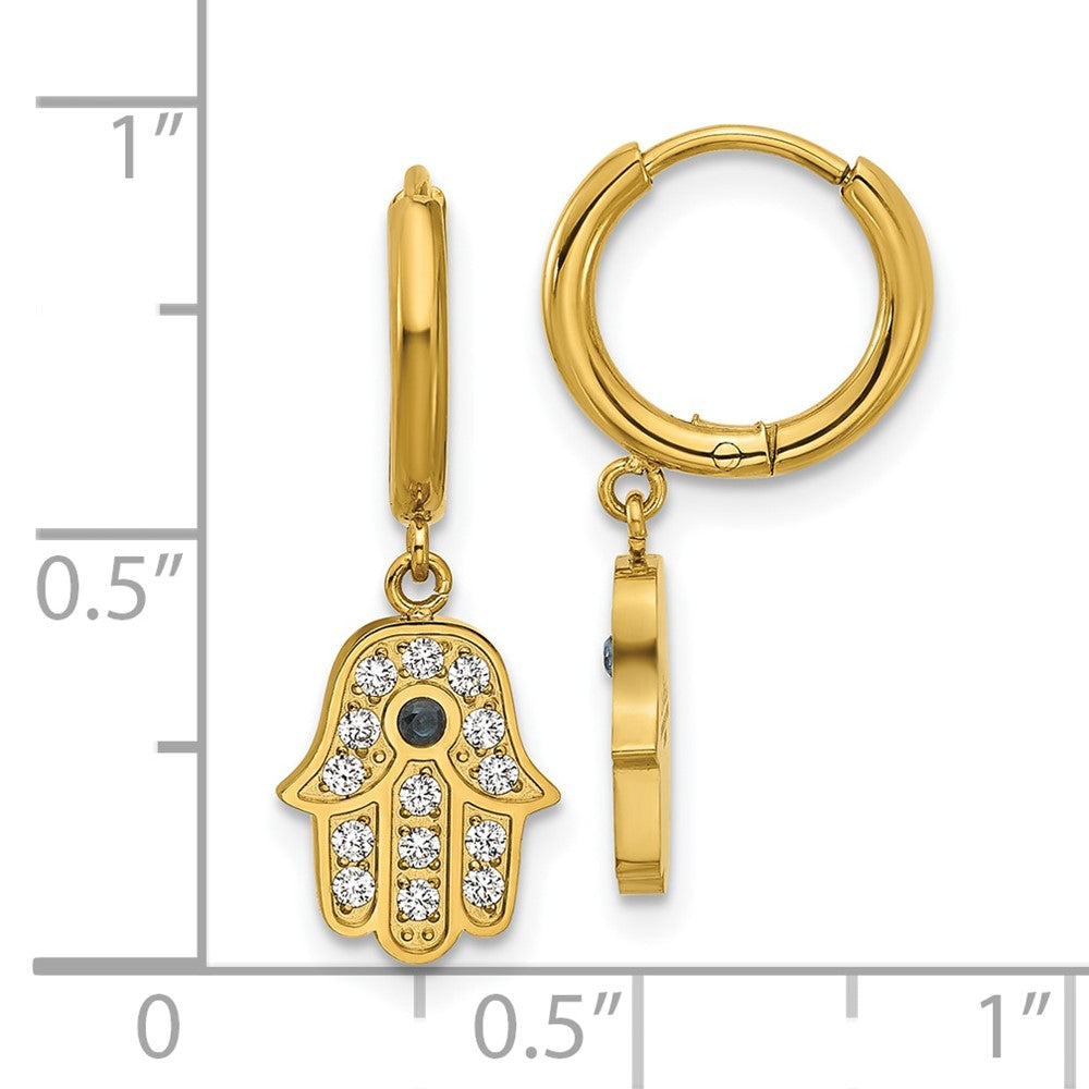 Chisel Stainless Steel Polished Yellow IP-plated Blue and White Zircon Hamsa Dangle Hinged Hoop Earrings