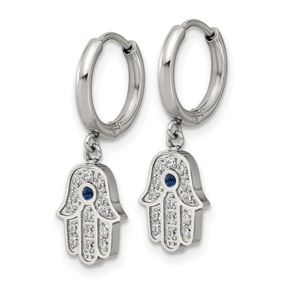 Chisel Stainless Steel Polished Blue and White Zircon Hamsa Dangle Hinged Hoop Earrings