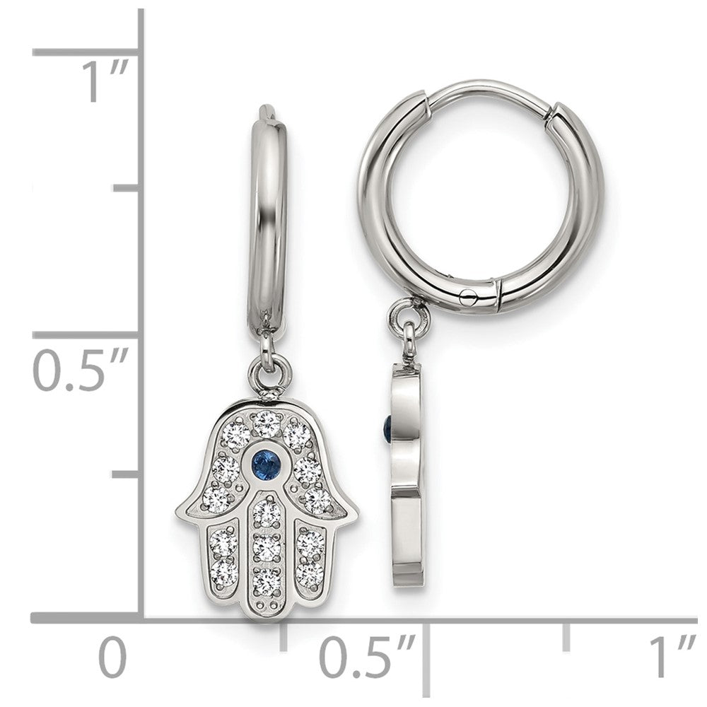 Chisel Stainless Steel Polished Blue and White Zircon Hamsa Dangle Hinged Hoop Earrings