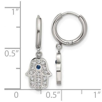 Chisel Stainless Steel Polished Blue and White Zircon Hamsa Dangle Hinged Hoop Earrings