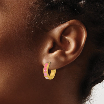 Stainless Steel Polished Yellow IP-plated Pink Enameled Hinged Hoop Earring