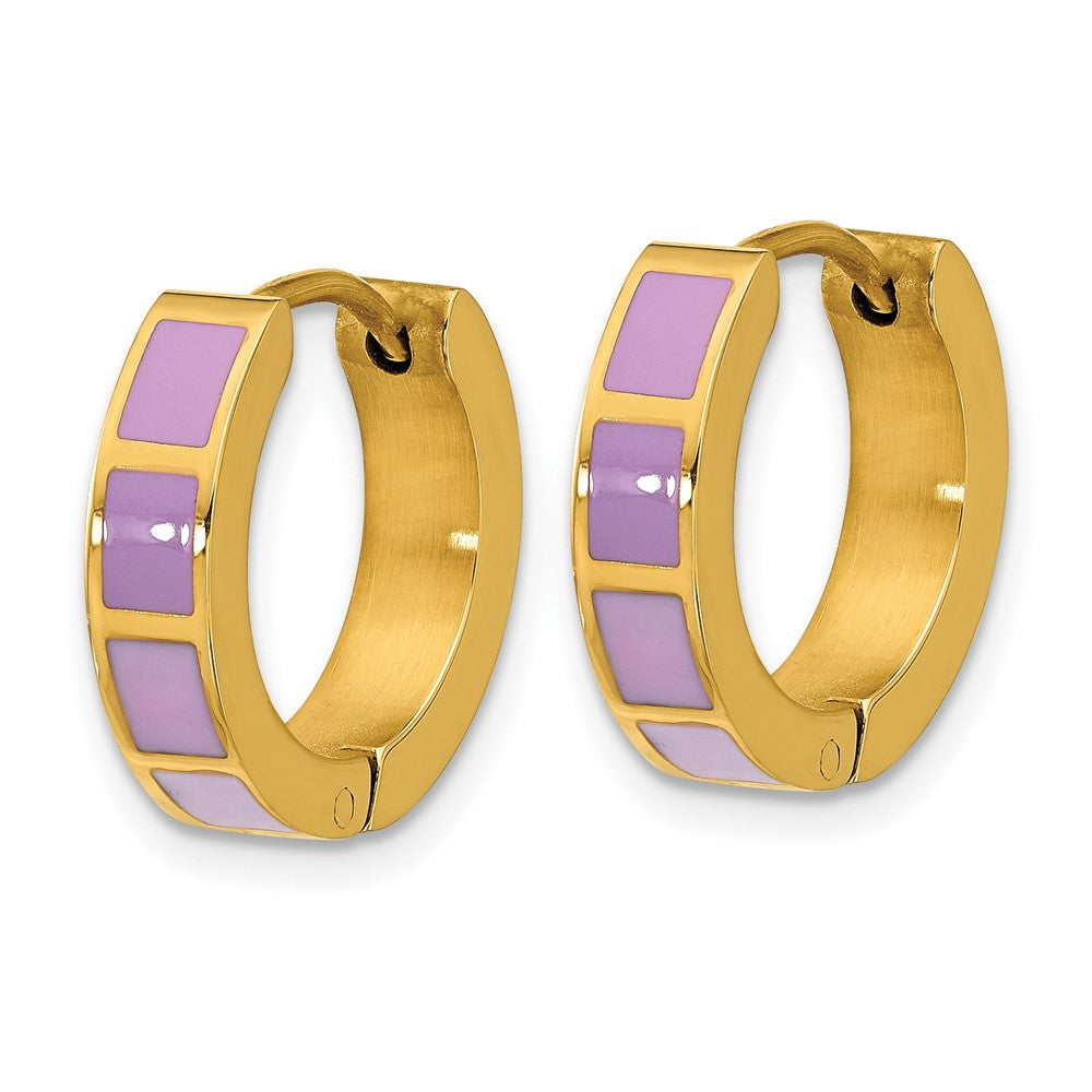 Stainless Steel Polished Yellow IP-plated Purple Enameled Hinged Hoop Earri
