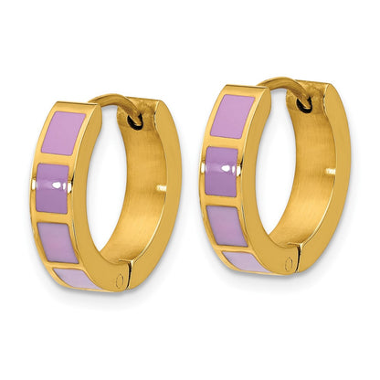 Stainless Steel Polished Yellow IP-plated Purple Enameled Hinged Hoop Earri
