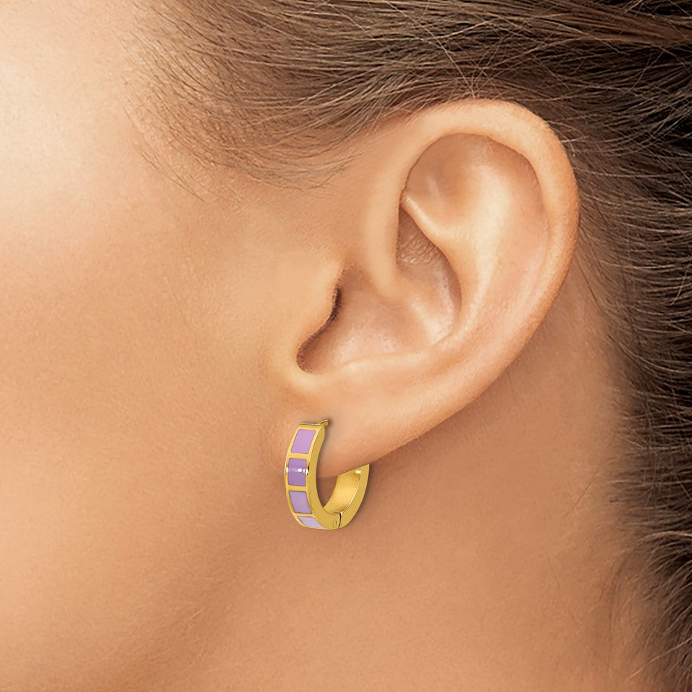 Stainless Steel Polished Yellow IP-plated Purple Enameled Hinged Hoop Earri