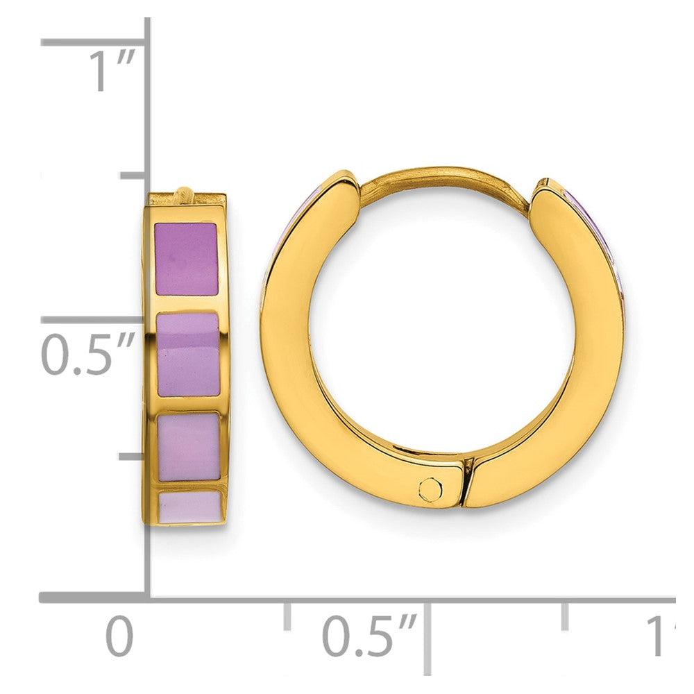 Stainless Steel Polished Yellow IP-plated Purple Enameled Hinged Hoop Earri