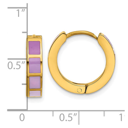 Stainless Steel Polished Yellow IP-plated Purple Enameled Hinged Hoop Earri