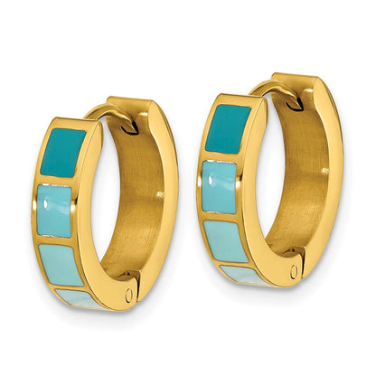 Stainless Steel Polished Yellow IP-plated Blue Enameled Hinged Hoop Earring