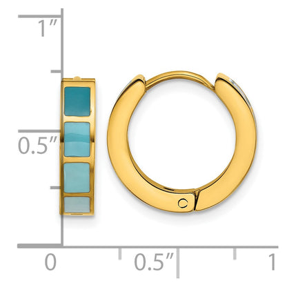 Stainless Steel Polished Yellow IP-plated Blue Enameled Hinged Hoop Earring