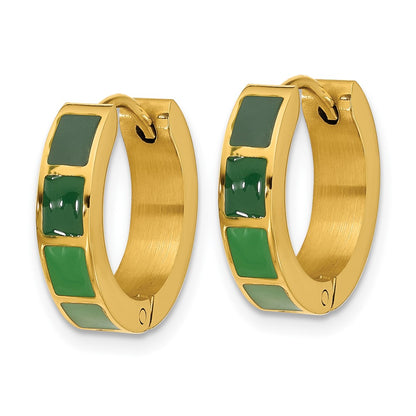 Stainless Steel Polished Yellow IP-plated Green Enameled Hinged Hoop Earrings