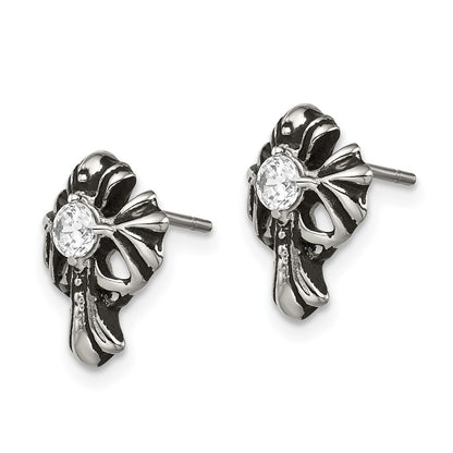 Chisel Stainless Steel Antiqued and Polished with CZ Cross Post Earrings