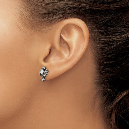 Chisel Stainless Steel Antiqued and Polished with CZ Cross Post Earrings