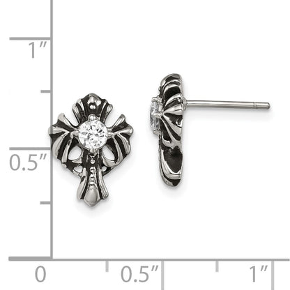 Chisel Stainless Steel Antiqued and Polished with CZ Cross Post Earrings