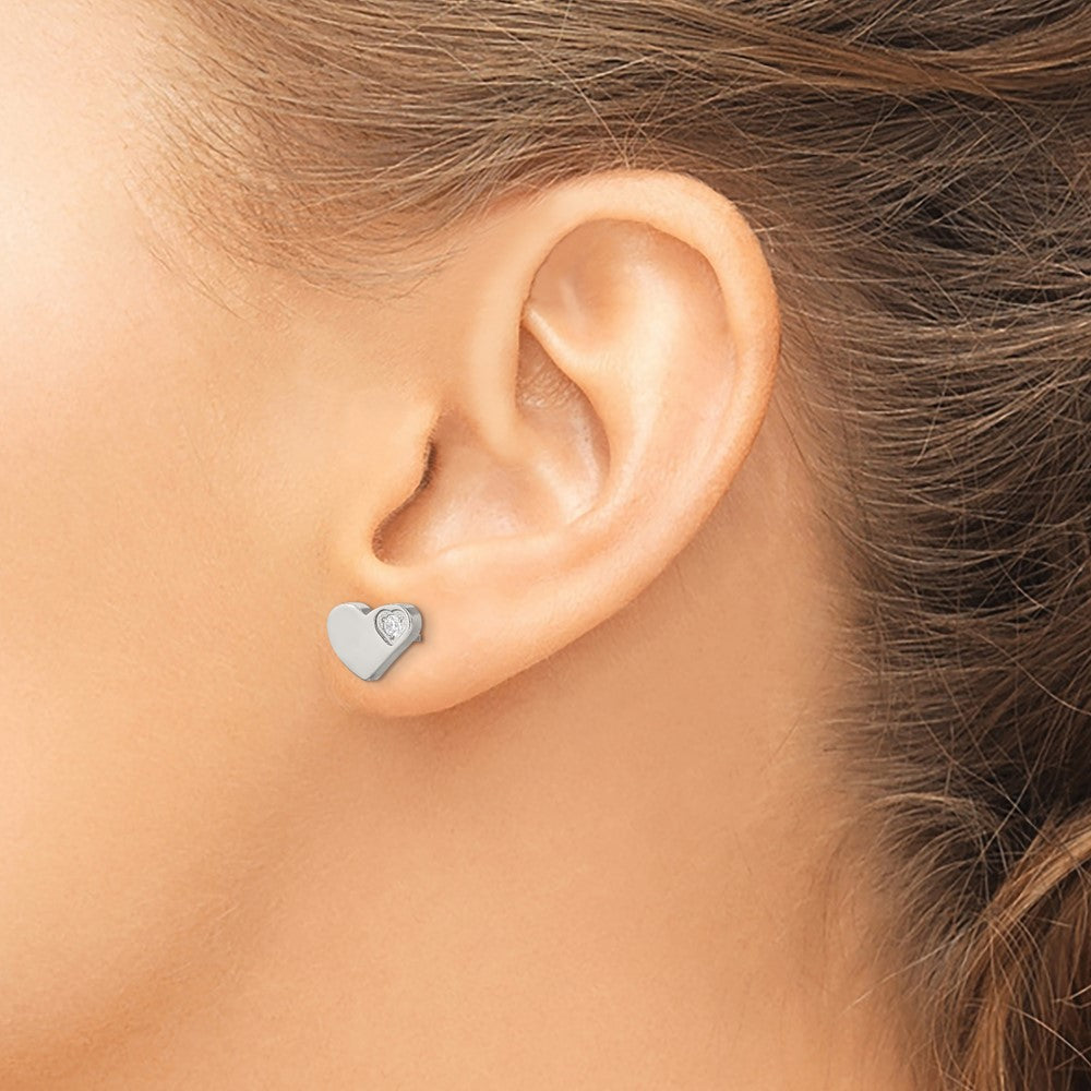 Chisel Stainless Steel Polished with CZ Heart Post Earrings