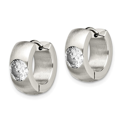 Chisel Stainless Steel Brushed and Polished with CZ Round 7mm Hinged Hoop Earrings