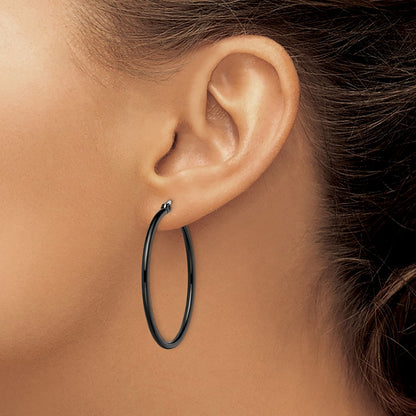 Chisel Stainless Steel Polished Black IP-plated 40mm Diameter 2mm Hoop Earrings