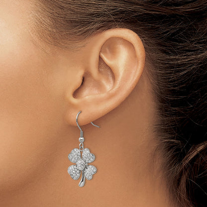 Chisel Stainless Steel Polished with CZ 4-Leaf Clover Dangle Shepherd Hook Earrings